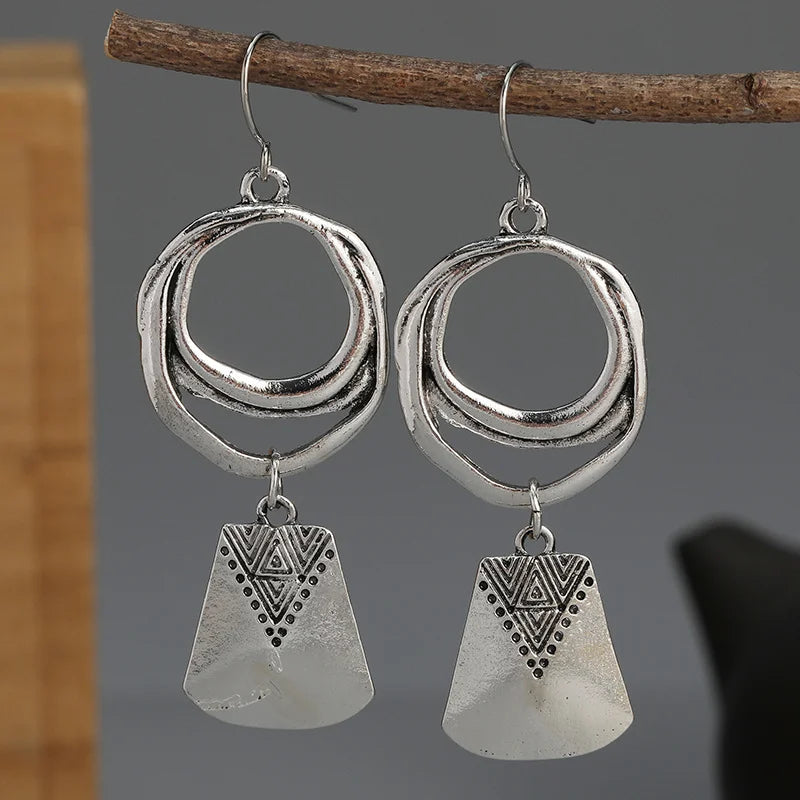 Bohemian Style Silver Plated Geometric Dangle Earrings with HollowCircle Design