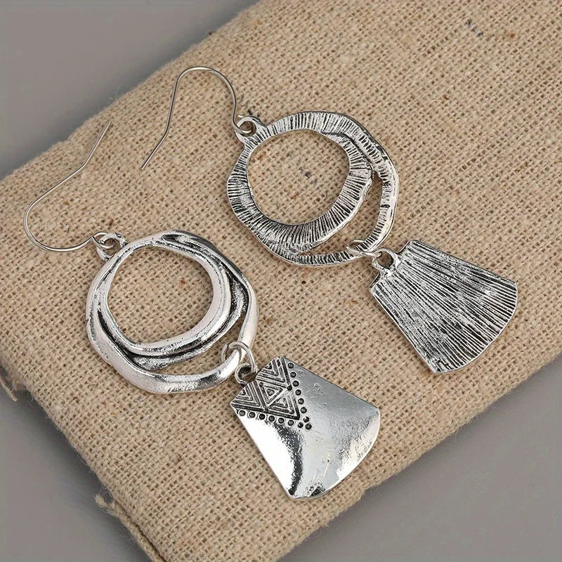 Bohemian Style Silver Plated Geometric Dangle Earrings with HollowCircle Design