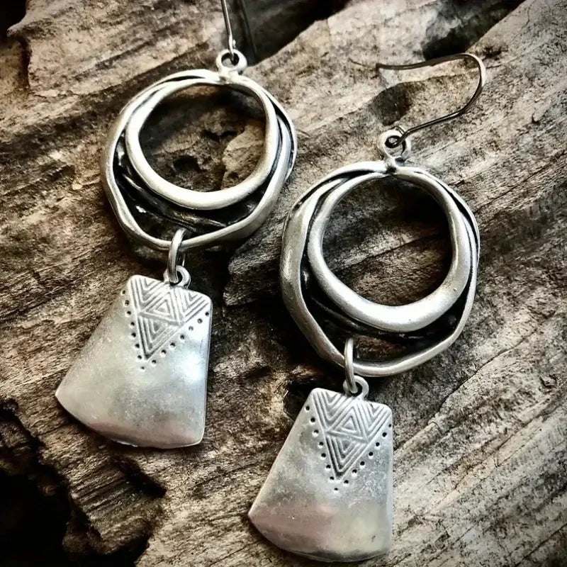 Bohemian Style Silver Plated Geometric Dangle Earrings with HollowCircle Design