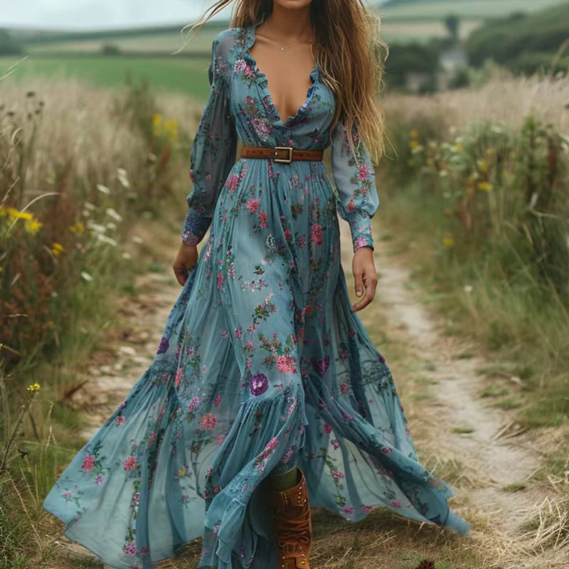 Lindo vestido longo estampado estilo boho