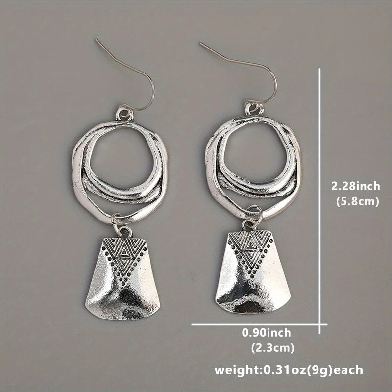 Bohemian Style Silver Plated Geometric Dangle Earrings with HollowCircle Design